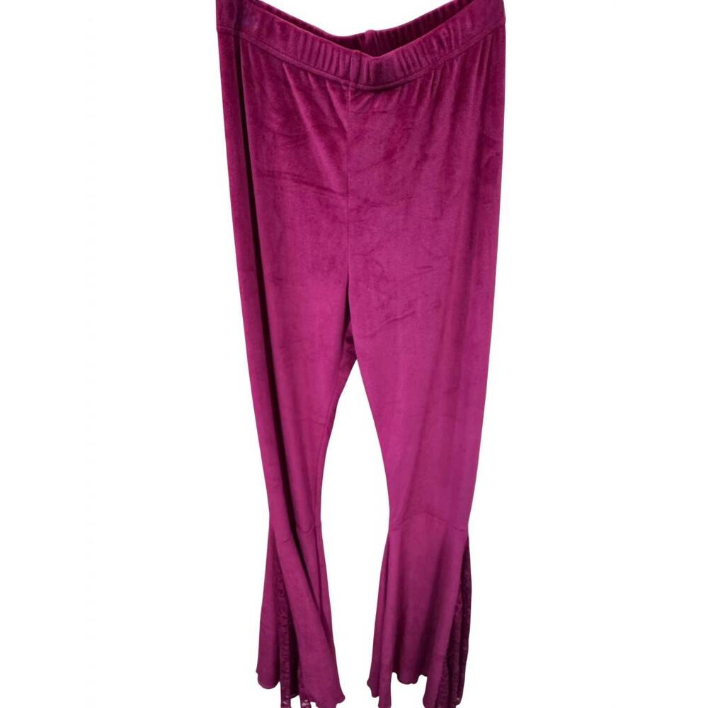 NEW GRACE + EMMA women's bell bottom velvet pant with lace inserts in red